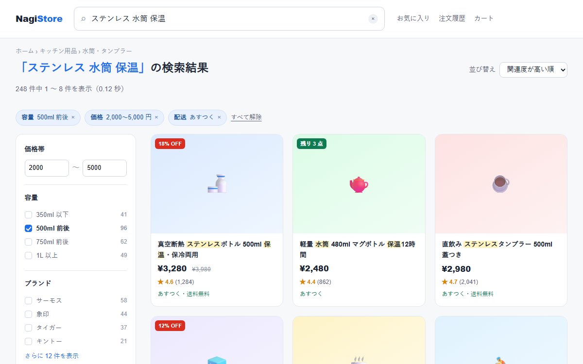 絞り込みと件数を先に見せる商品検索結果